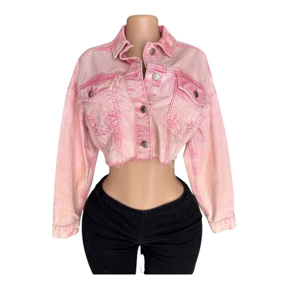 Topshop Pink Cropped Denim Jacket With Distressed Hem & Button Closure - Size UK - Picture 1 of 5